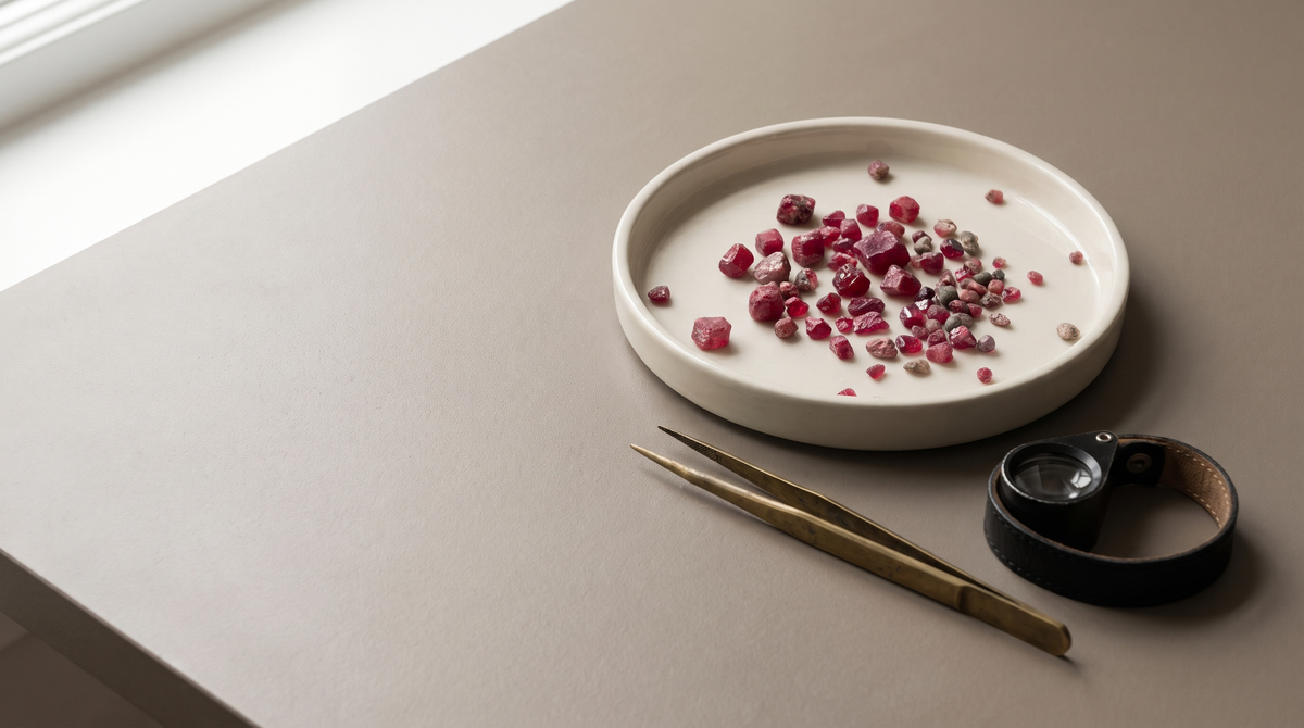 Rough rubies in a white sorting tray with tweezers and a loupe