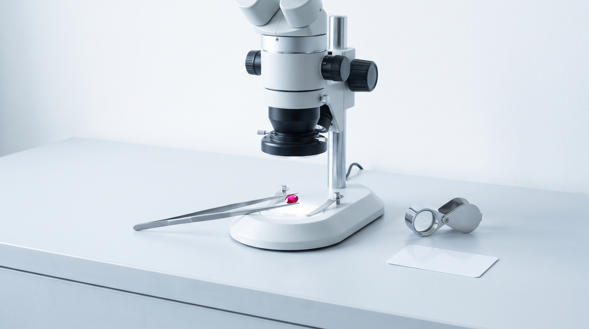A gemmological microscope examining a ruby held in stone tongs