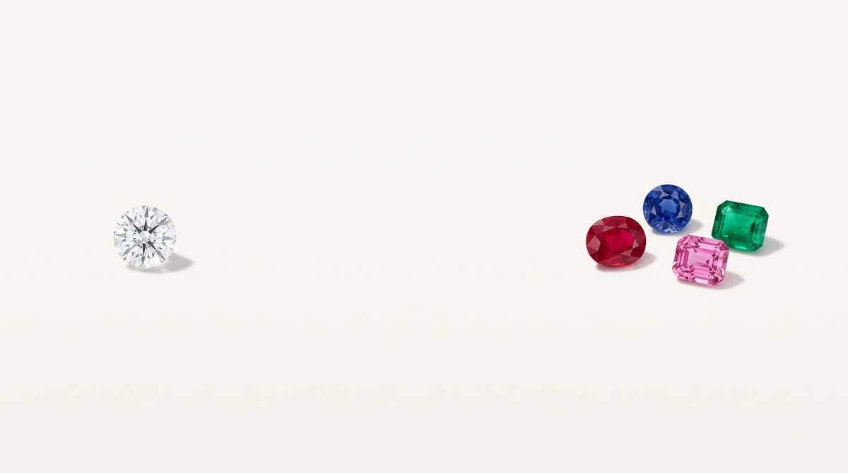 A colourless diamond beside a ruby, sapphire, emerald and pink spinel