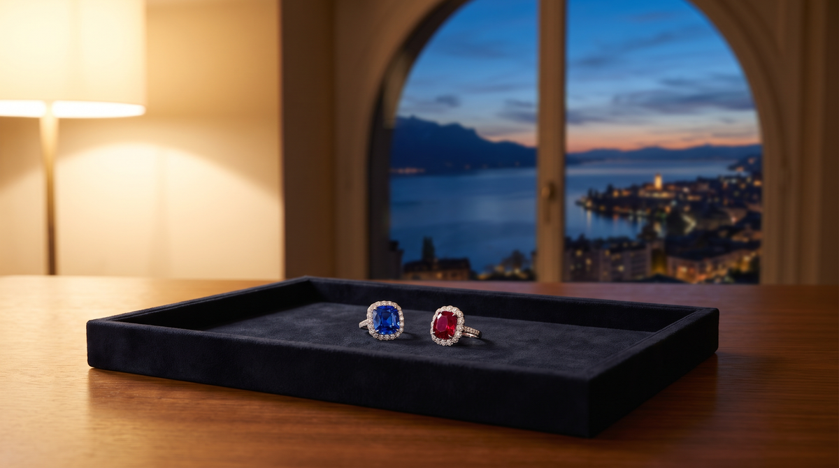 A sapphire ring and a ruby ring on a velvet tray with a lake view at dusk