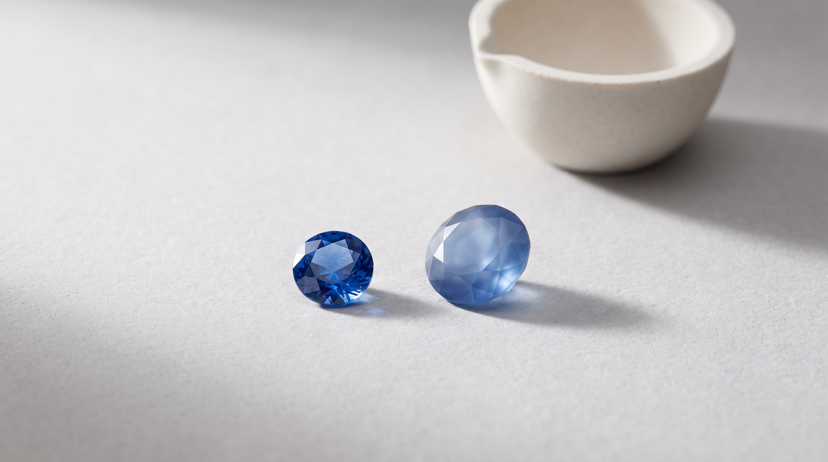 Two blue sapphires, one vivid and one softer, beside a ceramic crucible