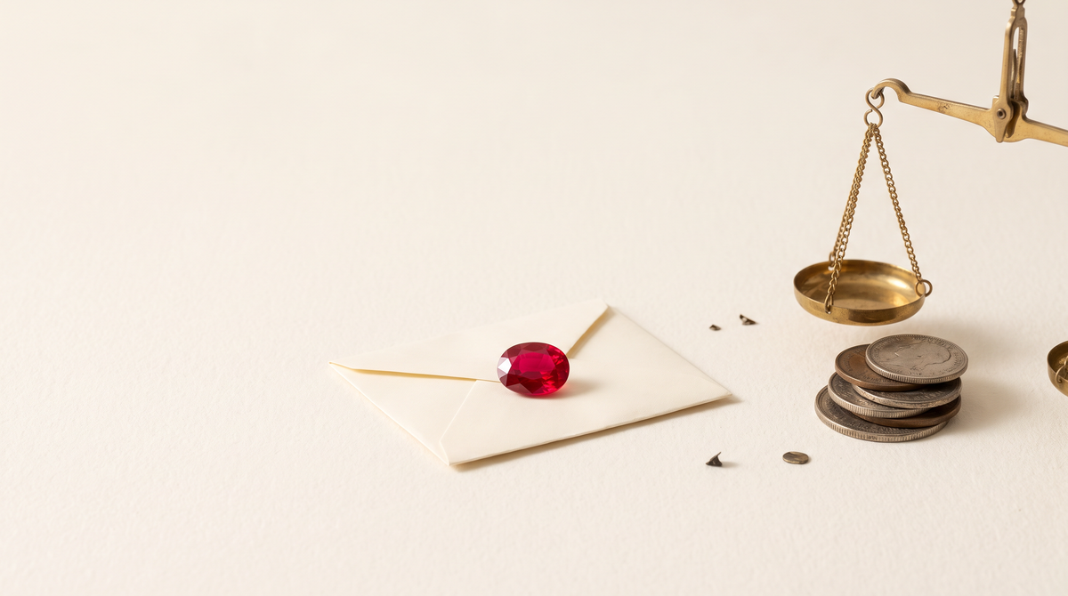 A ruby on a paper gem parcel beside a brass balance scale and coins