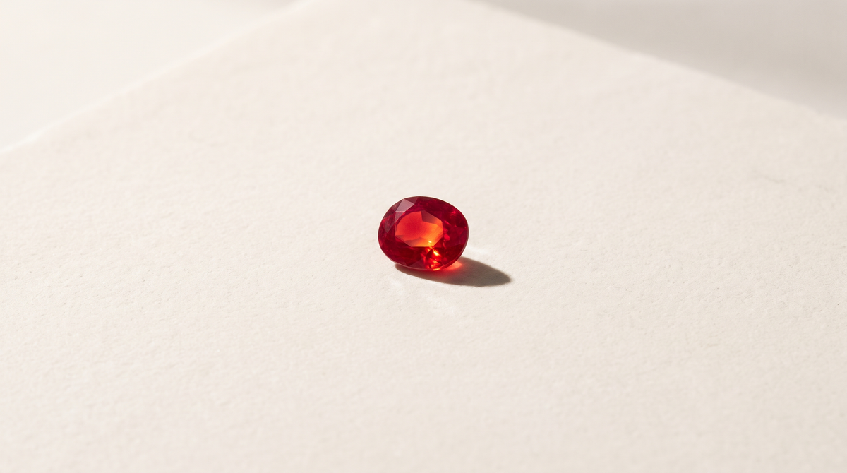 A single vivid red oval ruby on a warm white surface
