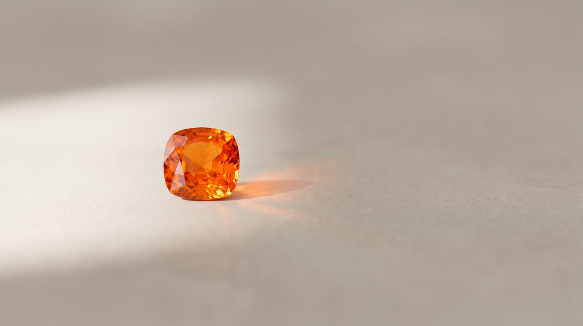 A vivid orange cushion-cut spessartite garnet in soft daylight