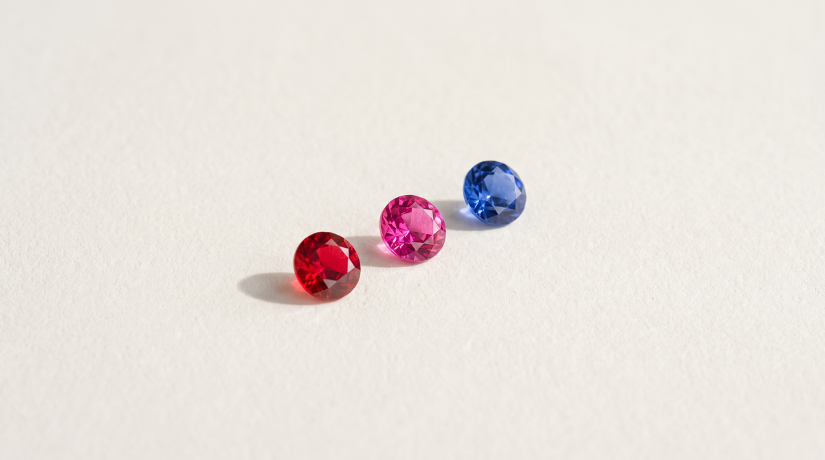 Red, pink and cobalt blue spinels on an off-white surface