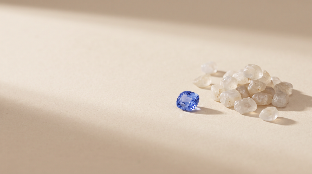 A cornflower-blue sapphire beside milky rough corundum pebbles