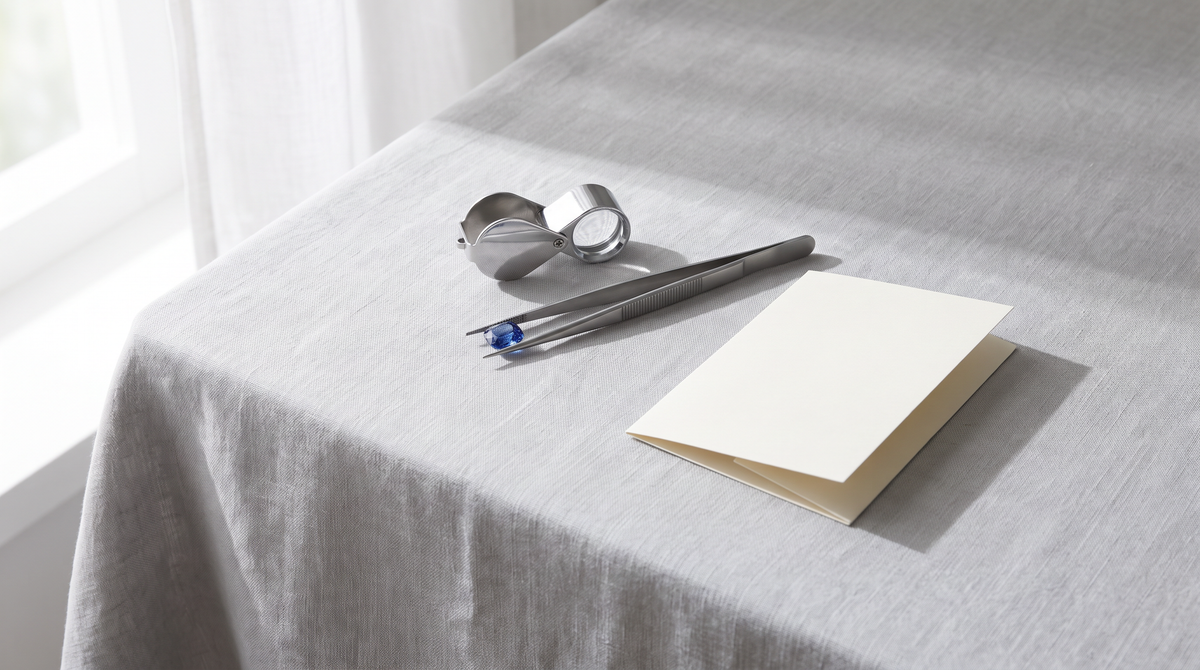 A loupe and tweezers holding a blue sapphire on grey linen