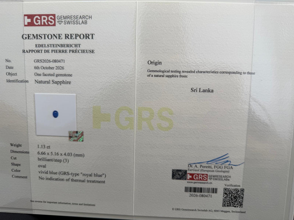 GRS report GRS2026-080471 for natural blue sapphire oval 1.13 ct