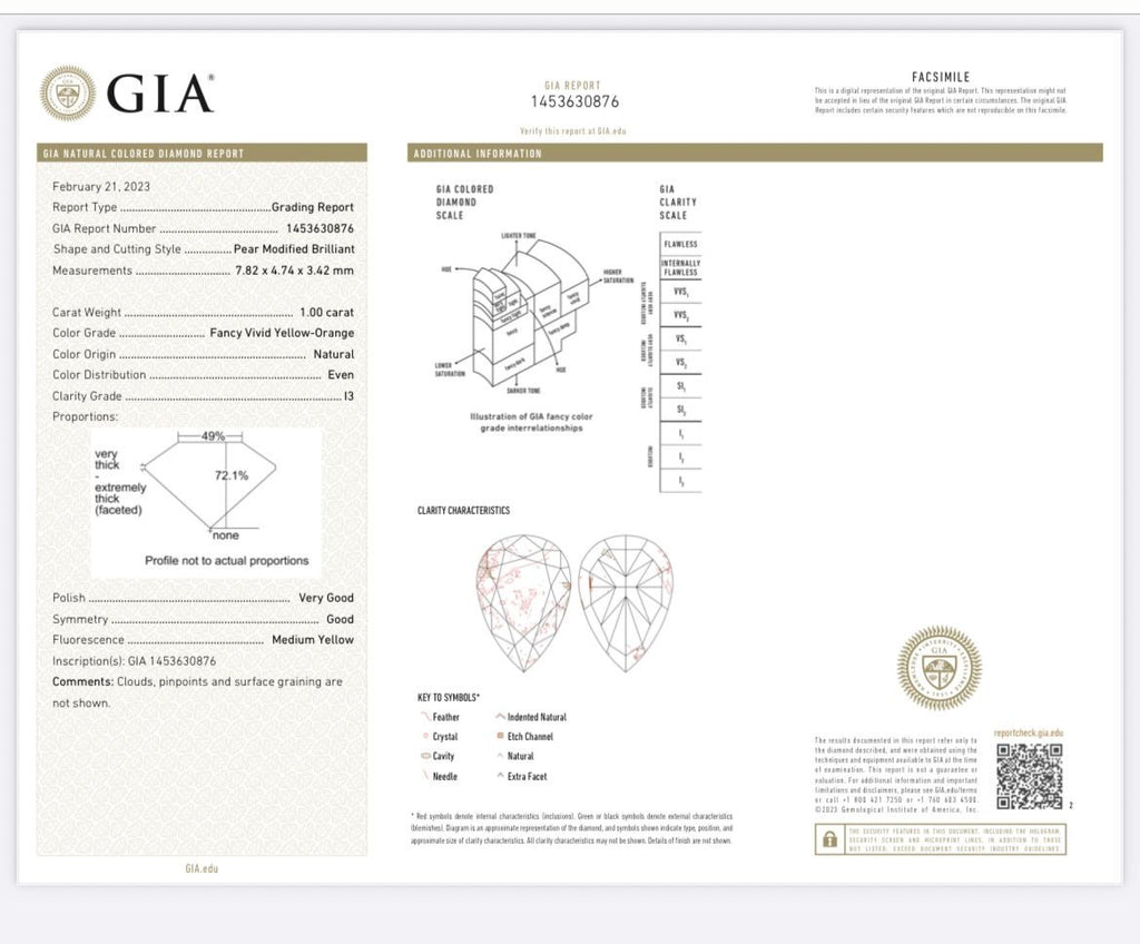 GIA report 1453630876 for natural diamond pear 1.00 ct