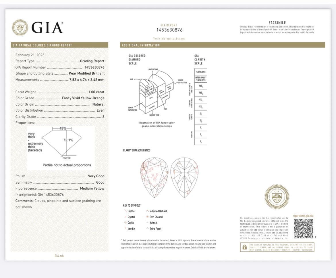 GIA report 1453630876 for natural diamond pear 1.00 ct
