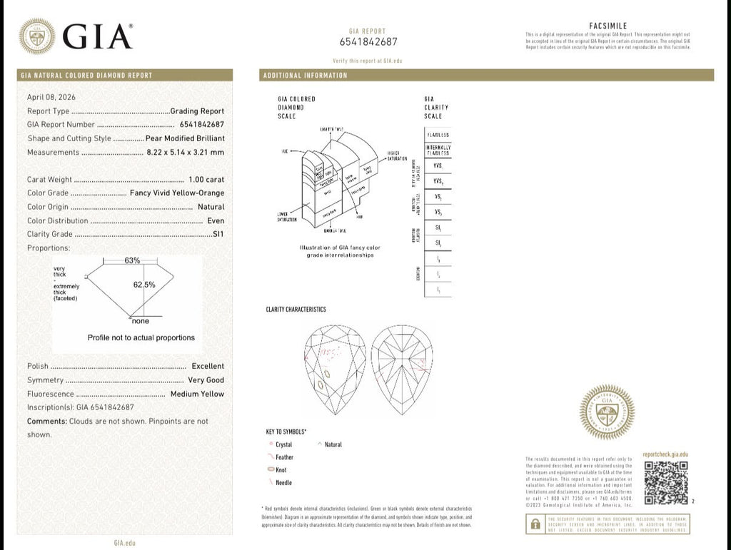 GIA report 6541842687 for natural diamond pear 1.00 ct