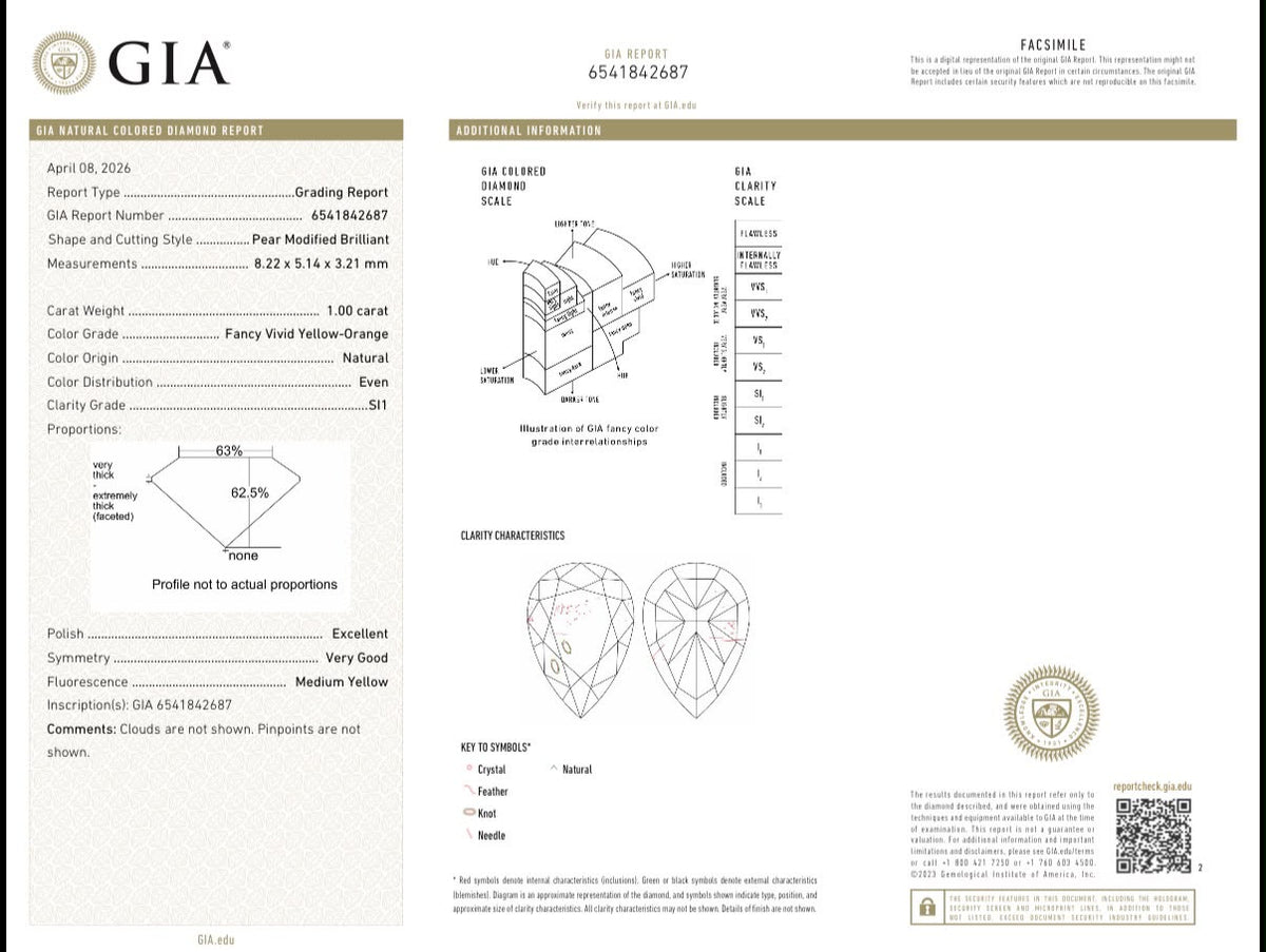GIA report 6541842687 for natural diamond pear 1.00 ct