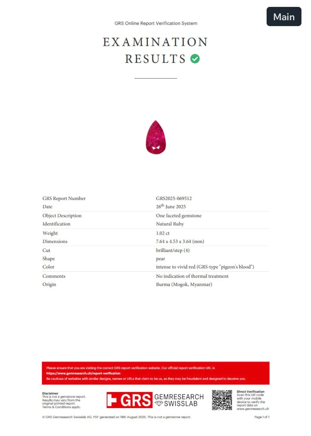GRS report GRS2025-069512 for natural ruby pear 1.02 ct