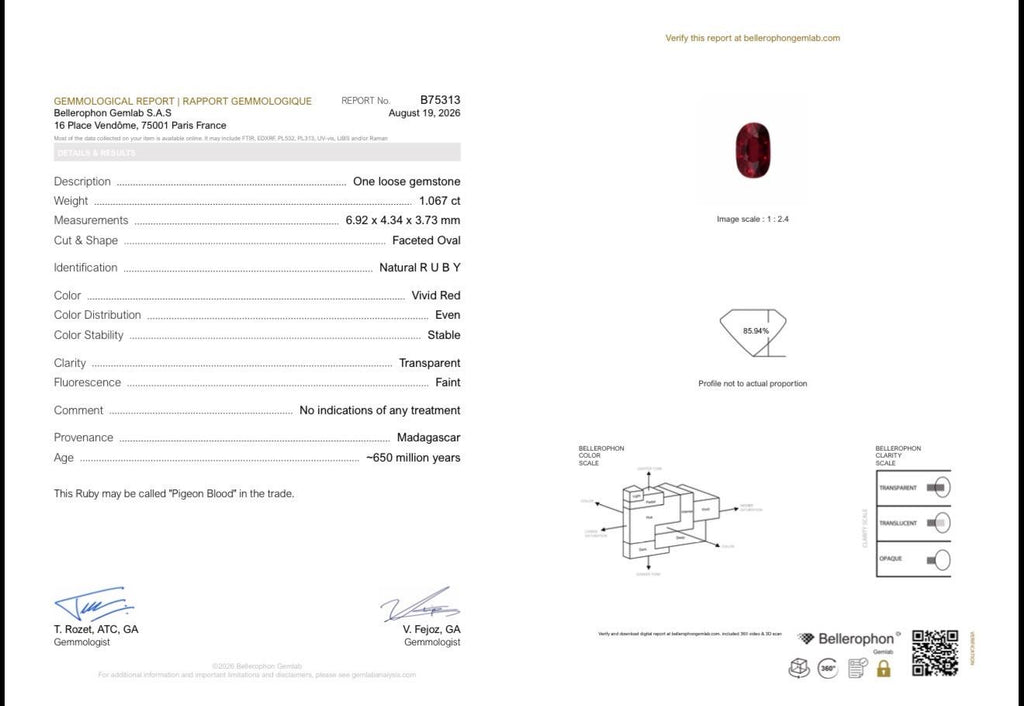Bellerophon Gemlab report B75313 for natural ruby oval 1.07 ct