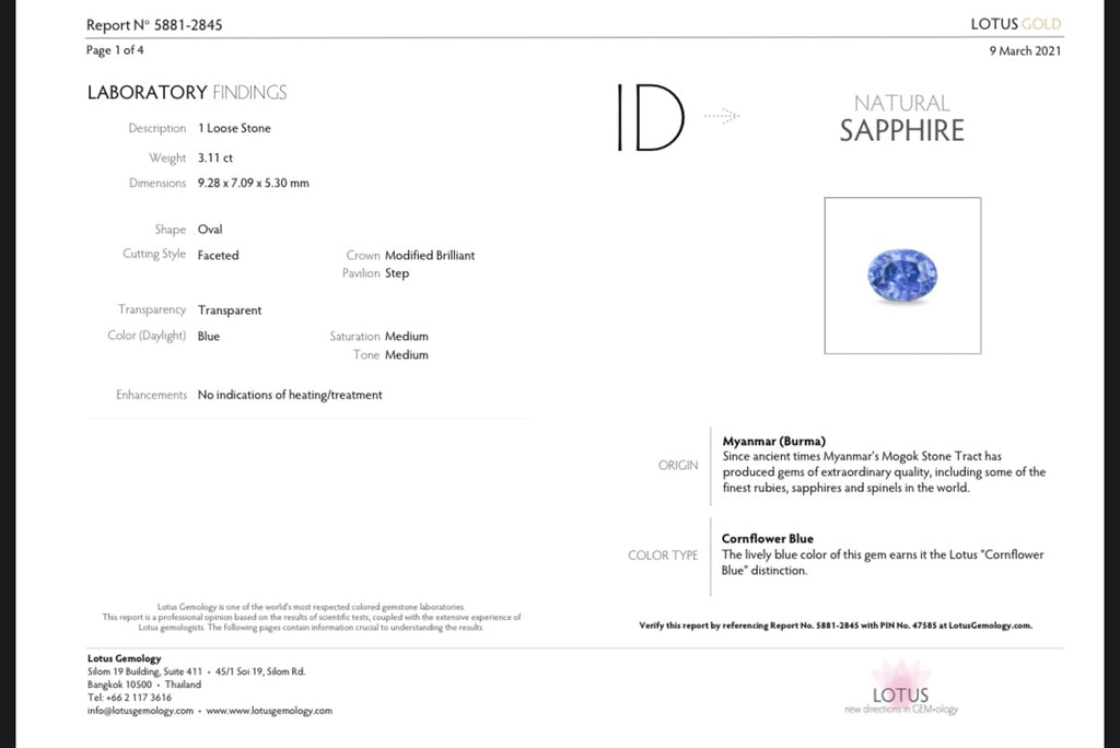 Lotus Gemology report 5881-2845 for natural blue sapphire oval 3.11 ct