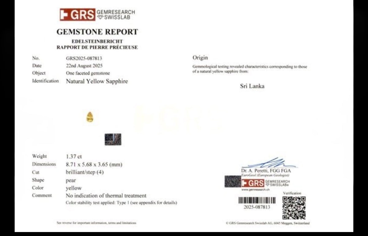 GRS report GRS2025-087813 for natural yellow sapphire pear 1.37 ct