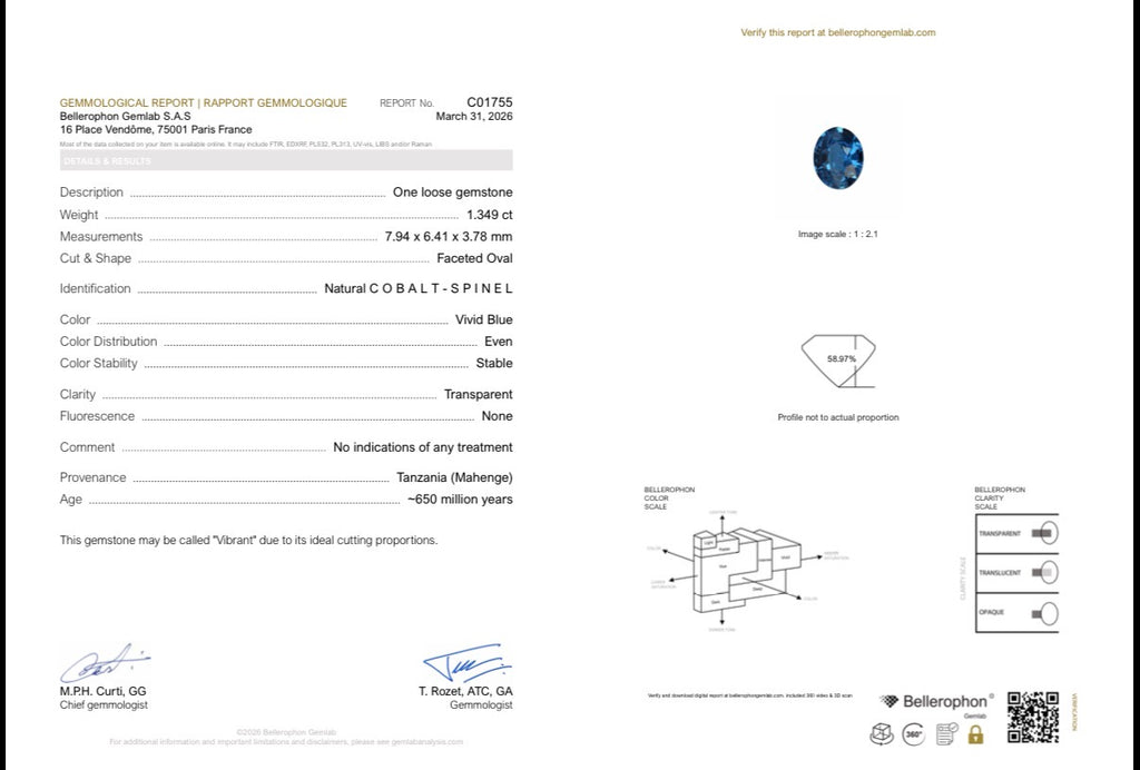 Bellerophon Gemlab report C01755 for natural cobalt spinel oval 1.35 ct