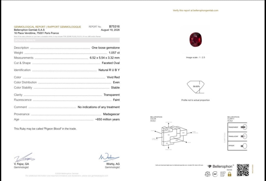 Bellerophon Gemlab report B75316 for natural ruby oval 1.06 ct