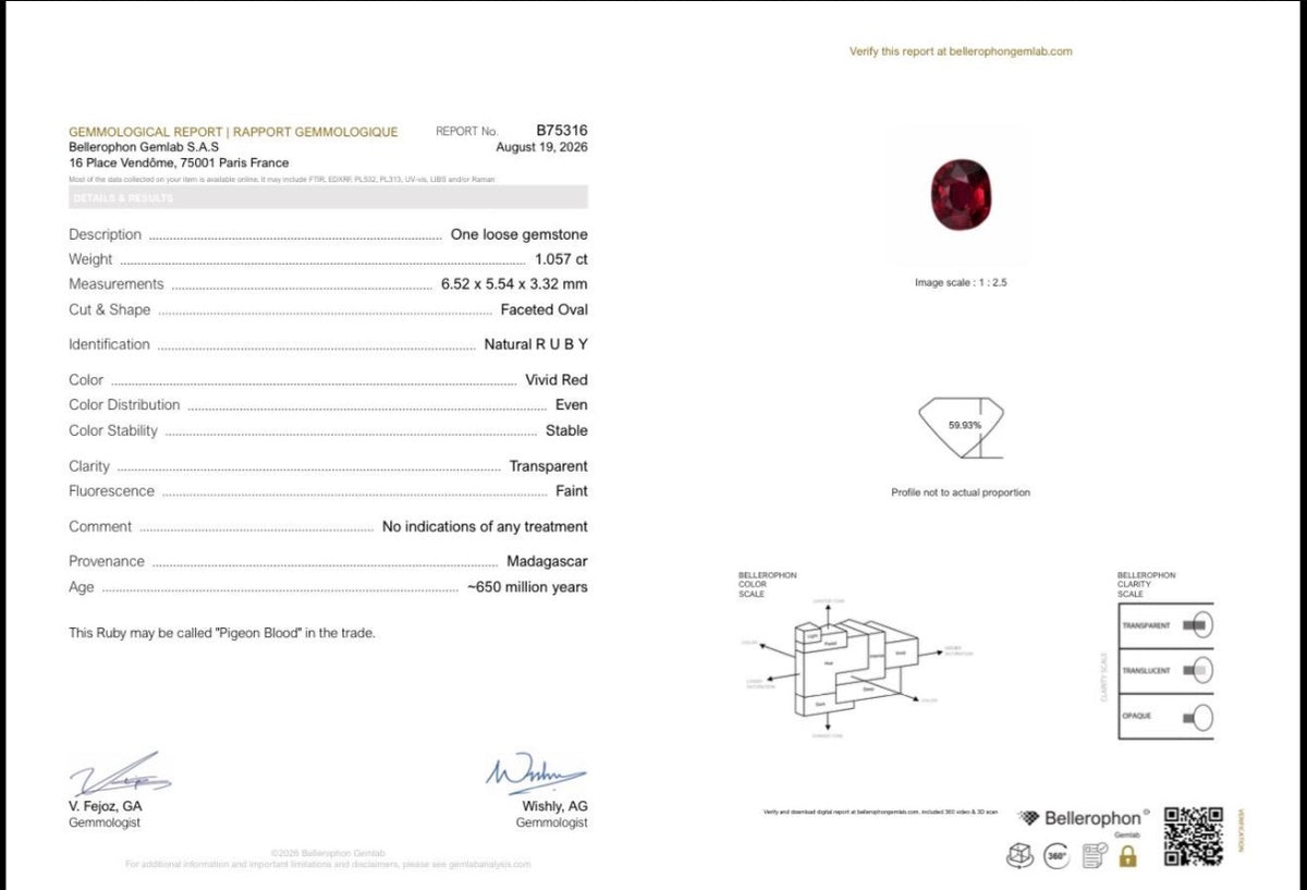 Bellerophon Gemlab report B75316 for natural ruby oval 1.06 ct