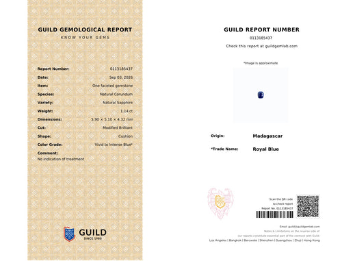 GUILD report 0113185437 for natural blue sapphire cushion 1.14 ct