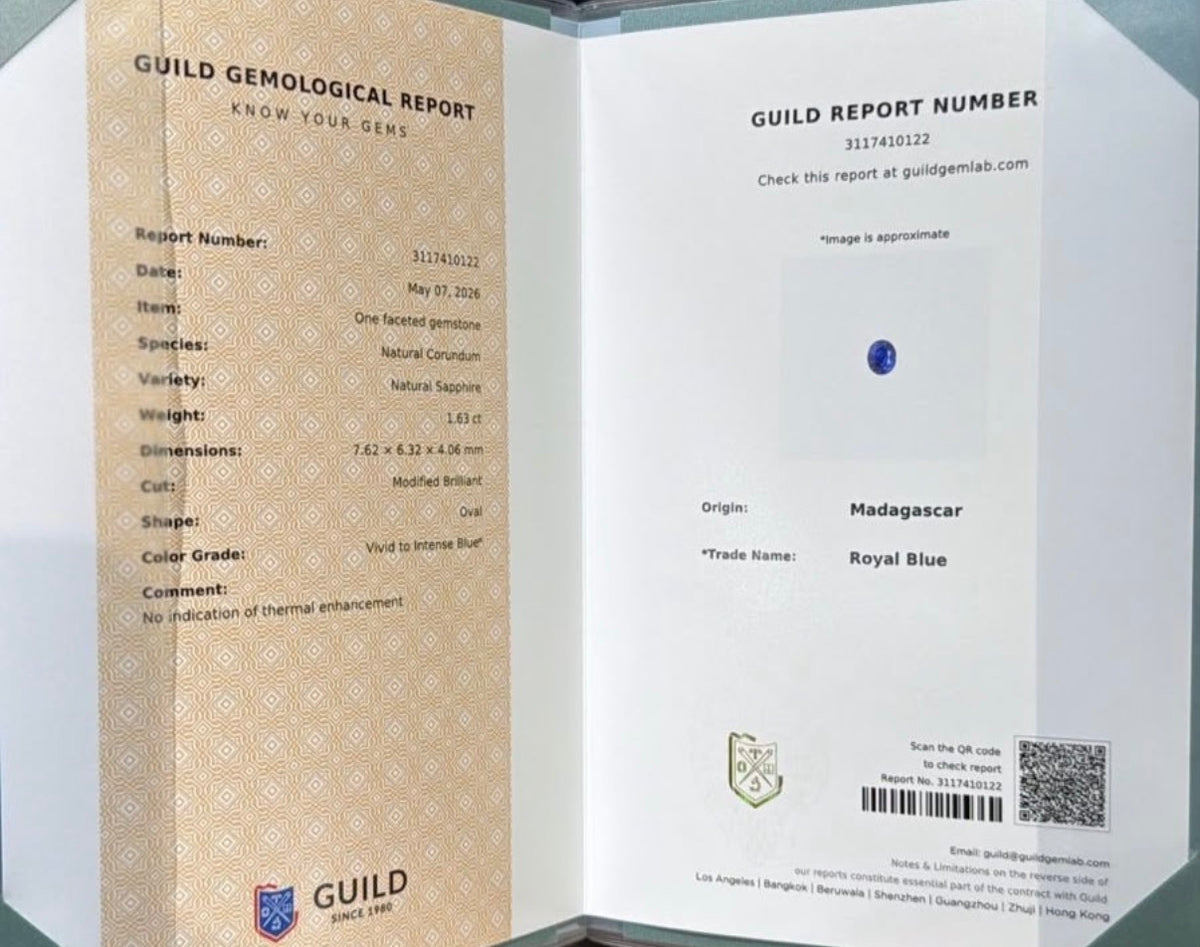 GUILD report 3117410122 for natural blue sapphire oval 1.63 ct