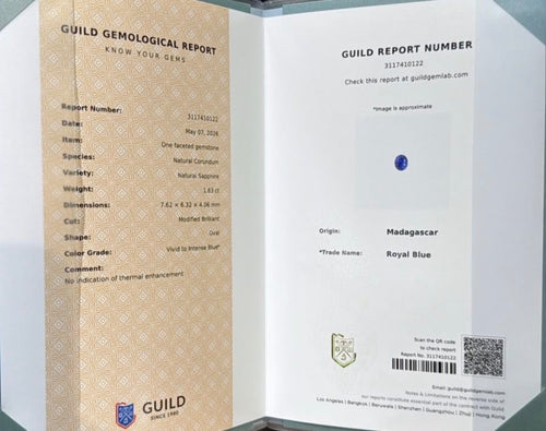 GUILD report 3117410122 for natural blue sapphire oval 1.63 ct