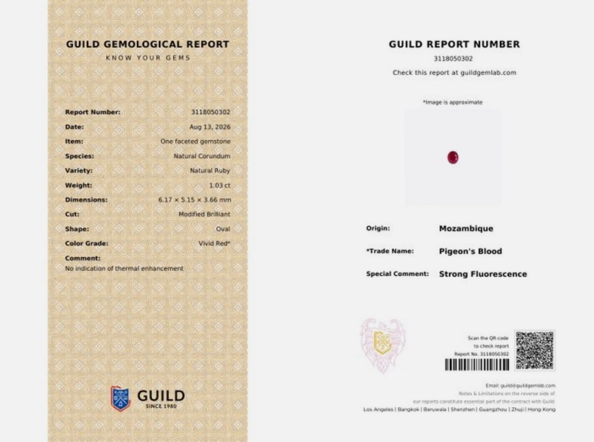 GUILD report 3118050302 for natural ruby oval 1.03 ct