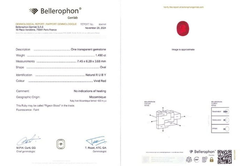 Bellerophon Gemlab report B34749 for natural ruby oval 1.49 ct