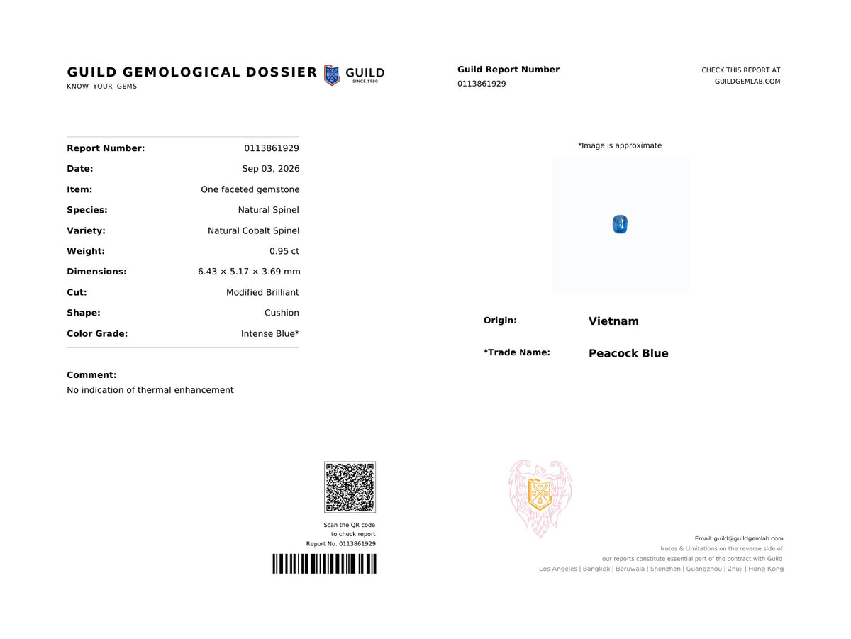 GUILD report 0113861929 for natural cobalt spinel cushion 0.95 ct