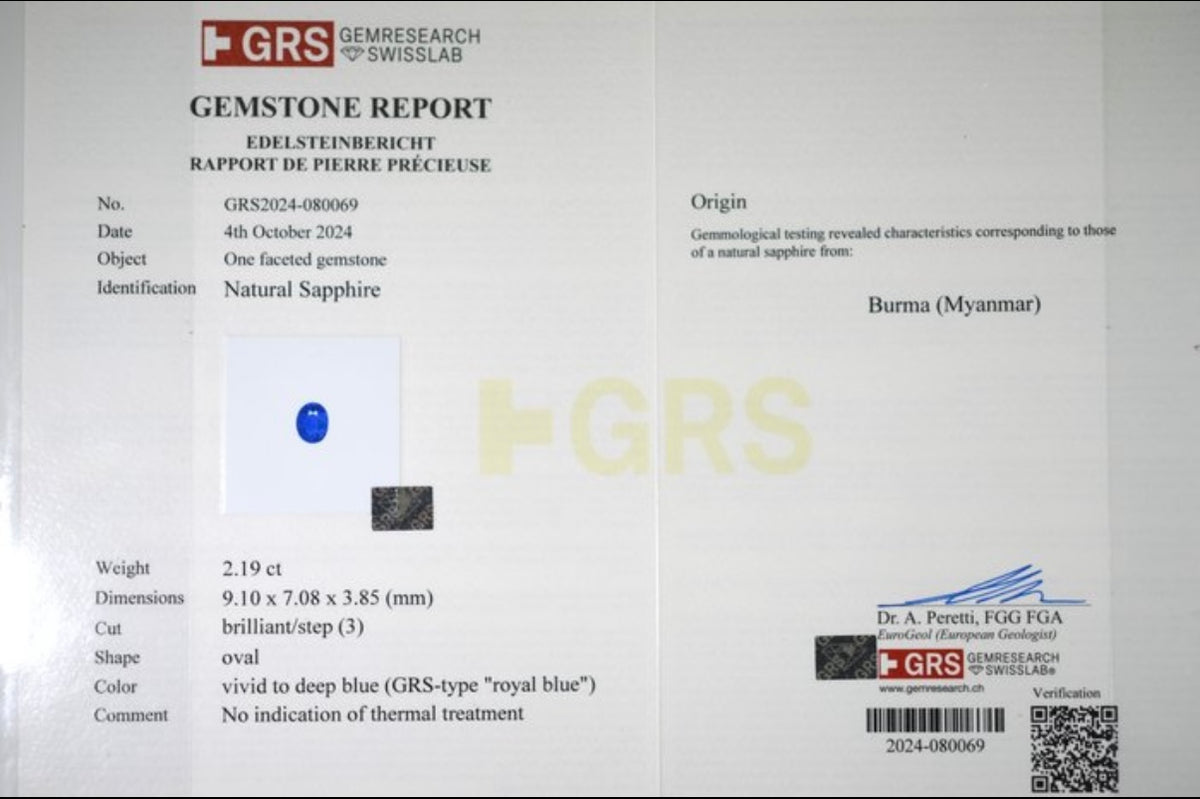 GRS report GRS2024-080069 for natural blue sapphire oval 2.19 ct