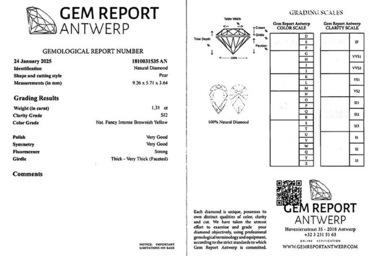 Gem Report Antwerp report 1810031535 AN for natural diamond pear 1.31 ct