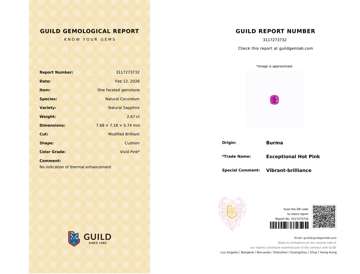 GUILD report 3117273732 for natural pink sapphire cushion 2.67 ct