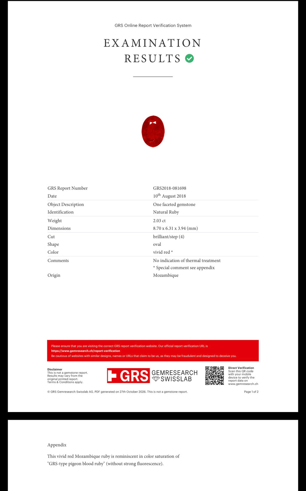 GRS report GRS2018-081698 for natural ruby oval 2.03 ct
