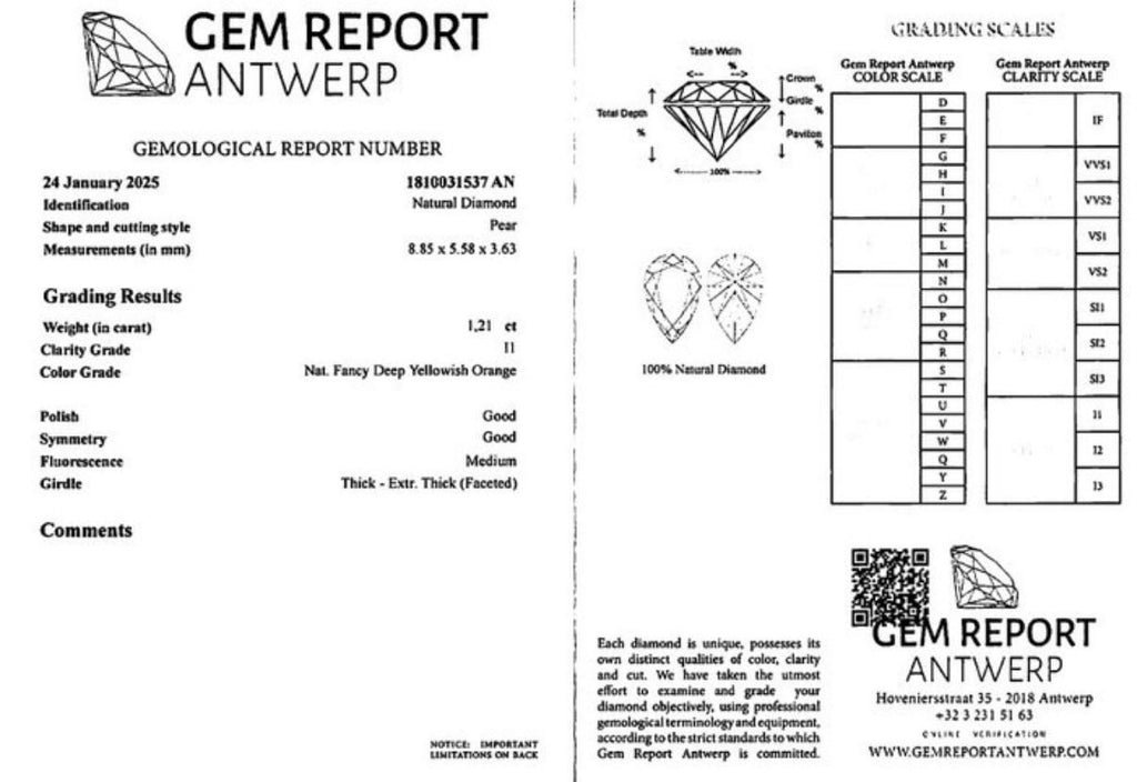 Gem Report Antwerp report 1810031537 AN for natural diamond pear 1.21 ct