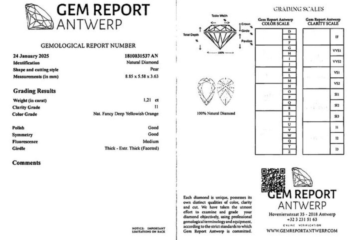 Gem Report Antwerp report 1810031537 AN for natural diamond pear 1.21 ct