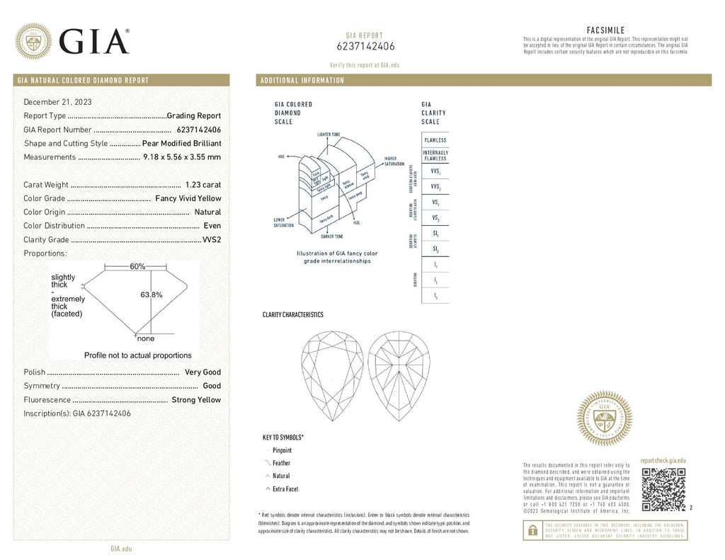 GIA report 6237142406 for natural diamond pear 1.23 ct