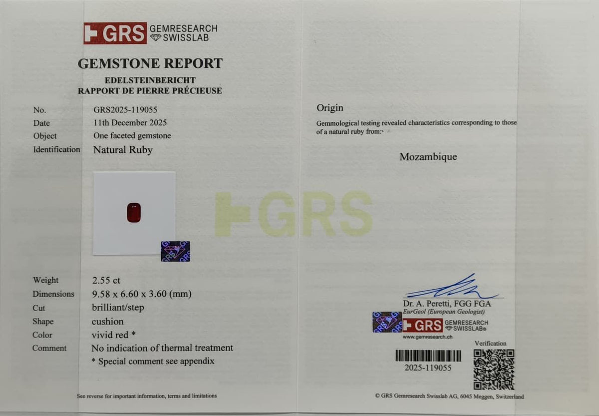 GRS report GRS2025-119055 for natural ruby cushion 2.55 ct
